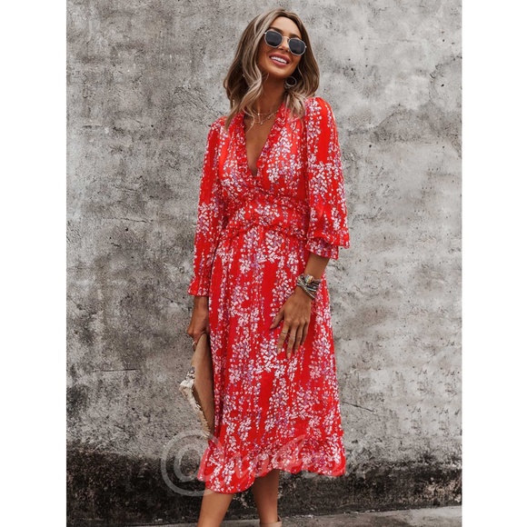 Ditsy Floral Red Midi Dress V-Neck - Picture 3 of 8